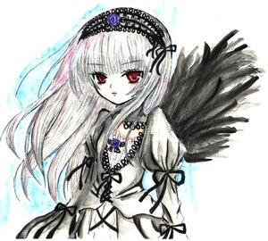 Rating: Safe Score: 0 Tags: 1girl black_ribbon black_wings dress flower frills hairband image long_hair long_sleeves looking_at_viewer puffy_sleeves red_eyes ribbon rose silver_hair solo suigintou wings User: admin