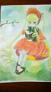 Rating: Safe Score: 0 Tags: 1girl black_footwear blonde_hair blue_eyes bonnet bow bowtie dress full_body image long_hair long_sleeves red_dress shinku shoes solo standing traditional_media very_long_hair User: admin