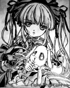 Rating: Safe Score: 0 Tags: 1girl bow dress frills greyscale hair_ribbon image lolita_fashion long_hair long_sleeves looking_at_viewer monochrome ribbon rose shinku solo stuffed_animal twintails very_long_hair User: admin