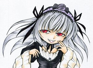 Rating: Safe Score: 0 Tags: 1girl dress flower frilled_sleeves frills gothic_lolita grin hairband image lolita_fashion lolita_hairband long_hair long_sleeves looking_at_viewer marker_(medium) red_eyes ribbon rose silver_hair smile solo suigintou traditional_media upper_body User: admin