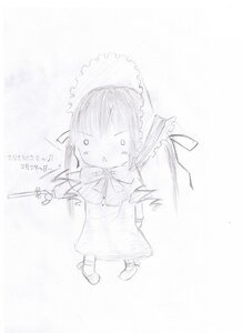 Rating: Safe Score: 0 Tags: 1girl chibi dress image long_hair long_sleeves monochrome shinku sketch solo standing striped white_background User: admin