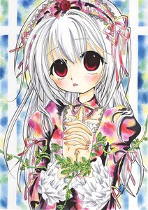 Rating: Safe Score: 0 Tags: 1girl colored_pencil_(medium) dress flower frills hair_ribbon hairband hands_clasped image lolita_fashion long_hair looking_at_viewer marker_(medium) own_hands_together red_eyes ribbon shikishi solo suigintou traditional_media User: admin