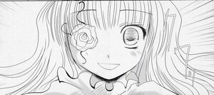 Rating: Safe Score: 0 Tags: 1girl blush close-up flower greyscale image kirakishou long_hair looking_at_viewer monochrome rose simple_background smile solo traditional_media white_background User: admin