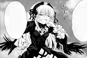 Rating: Safe Score: 0 Tags: 1girl blank_speech_bubble blush closed_eyes dress frills greyscale hairband image lolita_hairband long_hair long_sleeves monochrome open_mouth solo suigintou wings User: admin