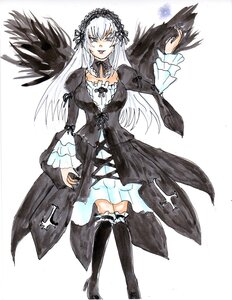 Rating: Safe Score: 0 Tags: 1girl black_wings boots detached_collar dress frills full_body hairband image long_hair long_sleeves looking_at_viewer puffy_sleeves ribbon solo standing suigintou white_background wings User: admin