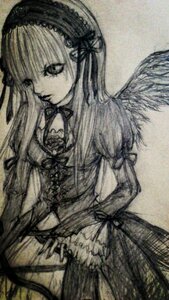 Rating: Safe Score: 0 Tags: 1girl black_wings dress feathered_wings frills hairband image long_hair long_sleeves monochrome rose solo suigintou traditional_media wings User: admin