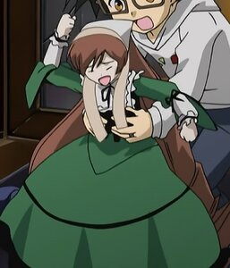 Rating: Safe Score: 0 Tags: 1boy 1girl apron brown_hair closed_eyes dress green_dress image long_sleeves open_mouth smile solo suiseiseki User: admin