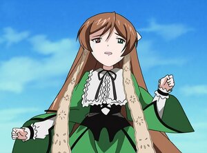 Rating: Safe Score: 0 Tags: 1girl blue_sky brown_hair cloud day dress frills green_dress green_eyes heterochromia image long_hair long_sleeves looking_at_viewer open_mouth outdoors red_eyes ribbon sky solo suiseiseki very_long_hair User: admin