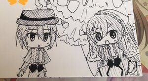 Rating: Safe Score: 0 Tags: 1boy 1girl :d chibi eyebrows_visible_through_hair frills hair_between_eyes hat image long_hair looking_at_viewer monochrome open_mouth pair smile souseiseki standing suiseiseki traditional_media User: admin