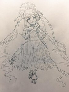 Rating: Safe Score: 0 Tags: 1girl closed_mouth dress drill_hair frills full_body hand_on_own_chest long_hair long_sleeves looking_at_viewer monochrome shinku shoes simple_background smile solo standing twintails very_long_hair User: admin
