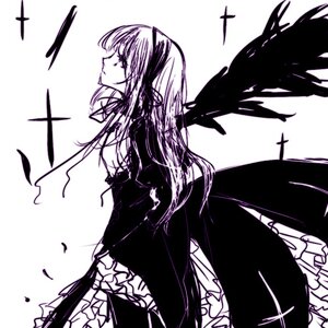 Rating: Safe Score: 0 Tags: 1girl dress feathers frilled_dress frills image long_hair long_sleeves monochrome profile solo suigintou white_background wings User: admin