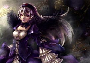 Rating: Safe Score: 0 Tags: 1girl black_wings detached_collar dress flower frilled_sleeves frills hairband image long_hair long_sleeves looking_at_viewer puffy_sleeves red_eyes rose signature silver_hair solo suigintou very_long_hair wings User: admin