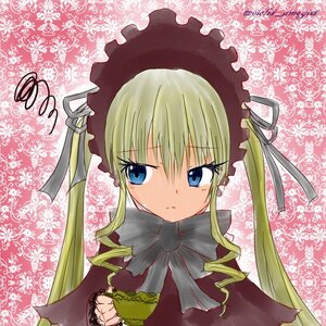 Rating: Safe Score: 0 Tags: 1girl blonde_hair blue_eyes bow bowtie dress drill_hair floral_background green_neckwear image long_hair long_sleeves looking_at_viewer shinku solo twintails upper_body User: admin