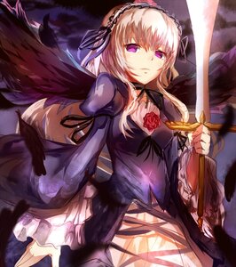 Rating: Safe Score: 0 Tags: 1girl black_wings dress feathers flower hairband holding image lolita_fashion lolita_hairband long_hair long_sleeves looking_at_viewer purple_eyes red_rose ribbon rose silver_hair solo suigintou sword weapon wings User: admin