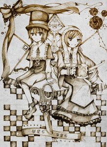 Rating: Safe Score: 0 Tags: 2girls argyle argyle_background argyle_legwear board_game checkered checkered_background checkered_floor chess_piece dress flower hat image long_hair monochrome multiple_girls pair perspective rose short_hair siblings sisters sitting souseiseki suiseiseki tile_floor tiles twins User: admin