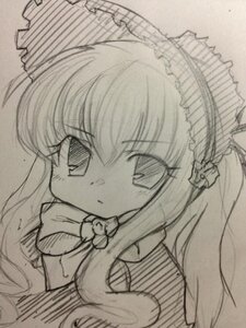 Rating: Safe Score: 0 Tags: 1girl auto_tagged chibi eyebrows_visible_through_hair frown greyscale image long_hair looking_at_viewer monochrome shinku simple_background solo traditional_media User: admin
