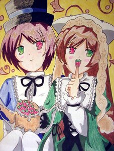 Rating: Safe Score: 0 Tags: 2girls brown_hair dress food frills green_eyes hat heterochromia image long_hair long_sleeves multiple_girls pair red_eyes ribbon short_hair siblings sisters souseiseki suiseiseki top_hat traditional_media twins User: admin