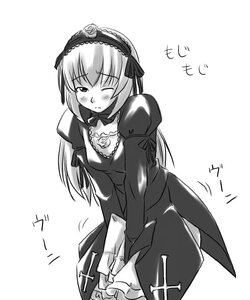 Rating: Safe Score: 0 Tags: 1girl blush cowboy_shot dress frills greyscale hairband hand_between_legs image long_hair long_sleeves looking_at_viewer monochrome one_eye_closed puffy_sleeves simple_background solo suigintou v_arms white_background User: admin