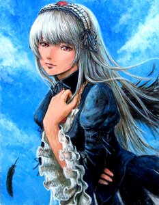 Rating: Safe Score: 0 Tags: 1girl blue_background dress feathers frilled_sleeves frills hairband image juliet_sleeves long_hair long_sleeves looking_at_viewer puffy_sleeves red_eyes ribbon silver_hair sky solo suigintou wings User: admin