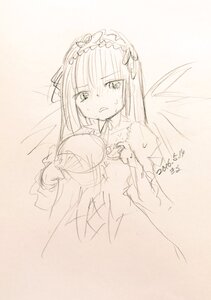 Rating: Safe Score: 0 Tags: 1girl blush dress eyebrows_visible_through_hair fan holding hot image long_hair long_sleeves looking_at_viewer monochrome paper_fan sketch solo suigintou sweat uchiwa wings User: admin