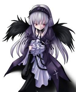 Rating: Safe Score: 0 Tags: 1girl black_wings boots dress flower frilled_sleeves frills full_body hairband image long_hair long_sleeves looking_at_viewer pink_eyes rose silver_hair simple_background solo suigintou white_background wings User: admin