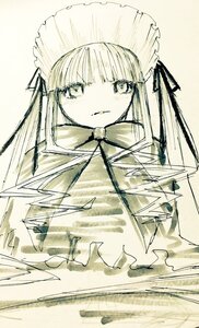 Rating: Safe Score: 0 Tags: 1girl bangs bonnet closed_mouth dress eyebrows_visible_through_hair hair_ribbon image long_hair looking_at_viewer monochrome ribbon shinku solo User: admin