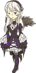 Rating: Safe Score: 0 Tags: 1girl boots chibi detached_collar dress flower frills full_body hairband image long_hair long_sleeves purple_eyes silver_hair simple_background solo standing suigintou white_background wings User: admin