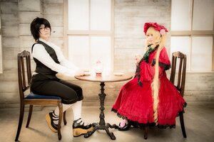 Rating: Safe Score: 0 Tags: 1boy 1girl black_hair blonde_hair bow chair dress glasses indoors long_sleeves multiple_cosplay shoes sitting tagme vest User: admin