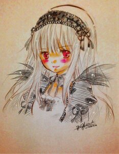 Rating: Safe Score: 0 Tags: 1girl bangs blush closed_mouth frills hairband image long_hair looking_at_viewer photo red_eyes rose signature simple_background smile solo suigintou traditional_media User: admin