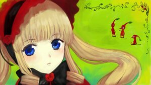 Rating: Safe Score: 0 Tags: 1girl blonde_hair blue_eyes blush bonnet bow bowtie flower green_background image long_hair looking_at_viewer pink_rose red_rose rose shinku simple_background solo User: admin
