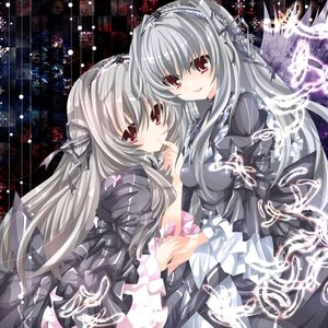 Rating: Safe Score: 0 Tags: 2girls bad_id bad_pixiv_id black_dress black_wings dress dual_persona feathers finger_to_mouth frills hairband holding_hands image long_hair long_sleeves looking_at_viewer multiple_girls nanase_nao red_eyes ribbon rose rozen_maiden silver_hair smile solo suigintou wings User: admin