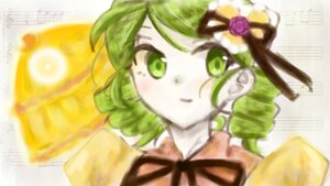 Rating: Safe Score: 0 Tags: 1girl flower green_eyes green_hair hair_flower hair_ornament image kanaria looking_at_viewer musical_note ribbon rose short_hair signature smile solo User: admin