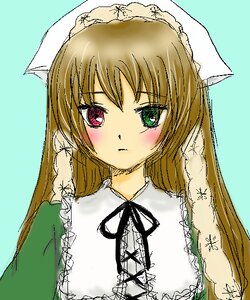 Rating: Safe Score: 0 Tags: 1girl blush brown_hair dress frills green_background green_dress green_eyes hat head_scarf heterochromia image long_hair long_sleeves looking_at_viewer red_eyes simple_background solo suiseiseki upper_body User: admin