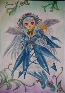 Rating: Safe Score: 0 Tags: 1girl dress flower frills full_body hairband image long_hair long_sleeves looking_at_viewer marker_(medium) plant red_eyes ribbon rose silver_hair solo standing suigintou traditional_media vines wings User: admin