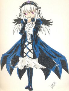 Rating: Safe Score: 0 Tags: 1girl black_wings boots dress feathers flower frilled_sleeves frills full_body hairband hand_to_own_mouth image long_hair long_sleeves looking_at_viewer pink_eyes rose signature silver_hair solo standing suigintou traditional_media wings User: admin