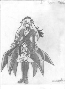 Rating: Safe Score: 0 Tags: 1girl boots dress full_body greyscale image long_hair long_sleeves looking_at_viewer monochrome ribbon signature solo standing suigintou traditional_media User: admin