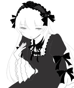 Rating: Safe Score: 0 Tags: 1girl bow dress flower frills greyscale hairband image long_hair long_sleeves monochrome ribbon rose simple_background solo suigintou upper_body white_background User: admin