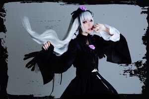 Rating: Safe Score: 0 Tags: 1girl black_dress cross dress flower gothic_lolita letterboxed long_hair long_sleeves nail_polish purple_flower red_eyes rose solo suigintou very_long_hair white_hair User: admin