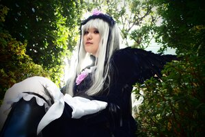 Rating: Safe Score: 0 Tags: 1girl bangs black_dress closed_mouth dress frills gothic_lolita lips long_hair long_sleeves outdoors silver_hair sitting solo suigintou sunlight tree User: admin