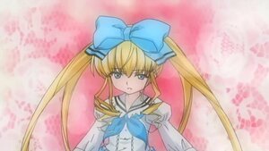 Rating: Safe Score: 0 Tags: 1girl blonde_hair blue_eyes bow hair_bow image long_hair pink_background sailor_collar shinku sidelocks solo twintails upper_body User: admin