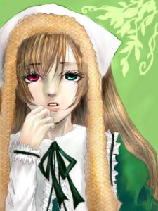 Rating: Safe Score: 0 Tags: 1girl black_ribbon brown_hair frills green_background green_dress head_scarf heterochromia image long_hair long_sleeves red_eyes ribbon simple_background solo suiseiseki traditional_media User: admin