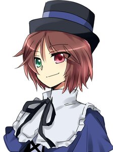 Rating: Safe Score: 0 Tags: 1girl black_ribbon blue_dress brown_hair green_eyes hat heterochromia image long_sleeves looking_at_viewer red_eyes ribbon short_hair simple_background smile solo souseiseki striped upper_body vertical_stripes white_background User: admin