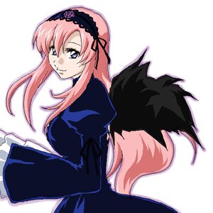 Rating: Safe Score: 0 Tags: 1girl black_dress dress hairband image lolita_hairband long_hair long_sleeves looking_at_viewer looking_back pink_hair simple_background solo suigintou white_background wings User: admin