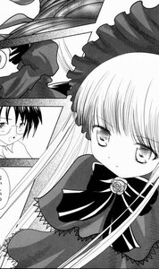 Rating: Safe Score: 0 Tags: 1boy 1girl bonnet dress flower frills glasses greyscale hat image long_hair long_sleeves monochrome rose shinku solo suigintou very_long_hair User: admin