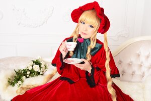 Rating: Safe Score: 0 Tags: 1girl blonde_hair blue_eyes bonnet bow cup dress flower food lips long_hair long_sleeves looking_at_viewer red_dress rose saucer shinku solo teacup User: admin