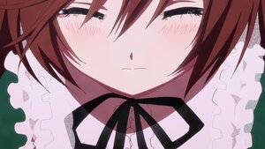 Rating: Safe Score: 0 Tags: 1girl black_ribbon blush brown_hair close-up closed_eyes closed_mouth dress face facing_viewer frills image ribbon simple_background solo suiseiseki white_background User: admin