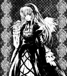 Rating: Safe Score: 0 Tags: 1girl dress frills greyscale hairband image long_hair long_sleeves looking_at_viewer monochrome rose solo suigintou very_long_hair wings User: admin