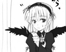 Rating: Safe Score: 0 Tags: 1girl greyscale hairband image long_sleeves looking_at_viewer monochrome simple_background smile solo striped suigintou upper_body vertical_stripes white_background wings User: admin