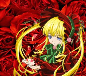 Rating: Safe Score: 0 Tags: 1girl blonde_hair blue_eyes bonnet bow bowtie dress flower green_bow green_neckwear image long_hair long_sleeves looking_at_viewer petals pink_flower pink_rose red_capelet red_dress red_flower red_rose rose rose_petals shinku sidelocks solo twintails very_long_hair User: admin