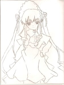 Rating: Safe Score: 0 Tags: 1girl blush dress frills greyscale image long_hair long_sleeves looking_at_viewer monochrome shinku simple_background smile solo standing suigintou very_long_hair white_background User: admin